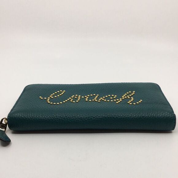 Coach Viridian Green Gold Studded Script Zip Around Wallet Accordion Zip Wallet - Picture 4 of 16